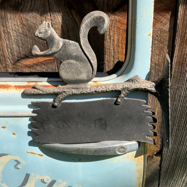 Vintage Squirrel House Plaque Sign Metal Frame Mid century Cast Aluminum