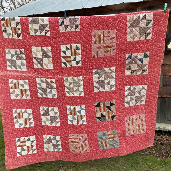 Vintage Hand-pieced, Patchwork quilt, “FOX AND GEESE” with homespun and early materials.  71x86”