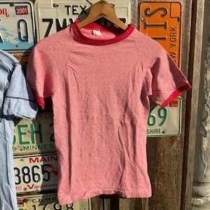 Vintage Champion Raglan T-Shirt: Distressed Red Striped Tee (XS-Small)