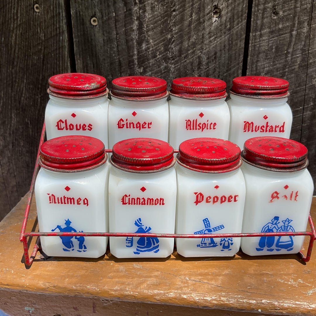 Vintage Red, White, & Blue Spice Rack Set—milk Glass Jars and Metal ...