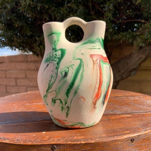 Vintage Nemadji Pottery USA Green Black Swirl Vase USA Native 5.5” Height Southwest Clay