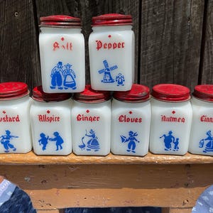 Vintage Red, White, & Blue Spice Rack Set—milk Glass Jars and Metal ...