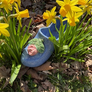 Vintage McCoy Dutch Shoe Planter: Blue Speckled Pottery with Rose
