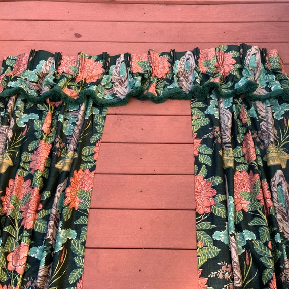 Mid Century Barkcloth Draperies: Oriental Bonsai Tree Print, 8 Panels & 3 Valances