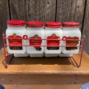 Vintage Red, White, & Blue Spice Rack Set—milk Glass Jars and Metal ...