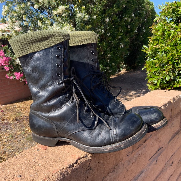 Corcoran Size 9 1/2 D Vietnam Era Military Jump Combat Cap Toe Vintage Mens Black Leather Boots and OD Wool Blend Boot Socks