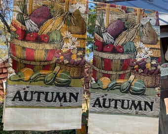 Vintage Autumn Linen Dish Towel Pair: KayDee Hand-Printed, Signed