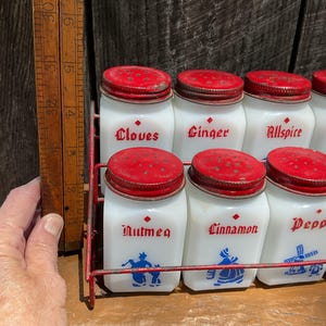 Vintage Red, White, & Blue Spice Rack Set—milk Glass Jars and Metal ...