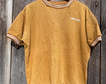 Vintage 60s Short Sleeve Sweatshirt: Burnt Yellow Cobleskill Crewneck Distressed Size Medium