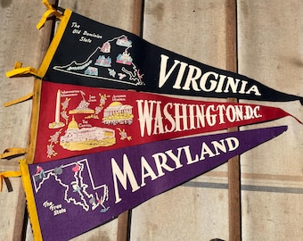 Vintage State Souvenir Pennants: Virginia, Maryland, Washington D. C., Choice