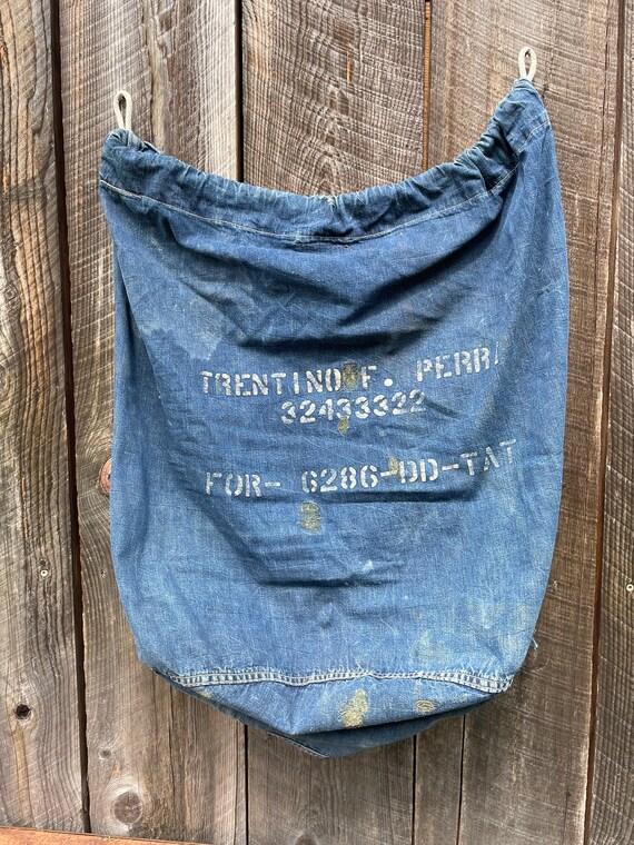 Vintage Indigo Blue Denim Laundry Bag WW2 1940s-50s Duffle Bag 