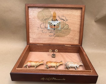 Till the Cows Come Home, Book Nook Shelf Art with Antique Miniature Toy Cows Made Within a Cigar Box. gift for antiques lover, cow lovers