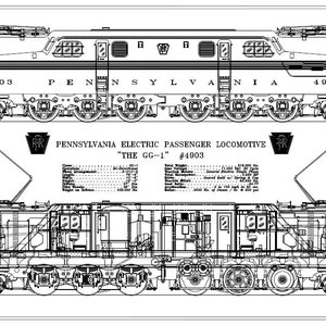 May include: A black and white line drawing of a Pennsylvania Railroad GG-1 electric locomotive. The drawing shows the locomotive in profile, with the front, side, and rear views. The locomotive is labeled "The GG-1" and "#4903".