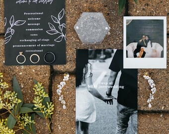 Könnte beinhalten: Schwarze und weiße Hochzeitseinladungssuite mit den Namen Noah und Kaylea, einem floralen Design und dem Text "Willkommen zu unserer Hochzeit". Die Einladung enthält auch eine Liste der Reihenfolge der Hochzeitszeremonie, einschließlich Einzug, Begrüßung, Botschaft, Kommunion, Gelübde, Austausch der Ringe, Erklärung der Ehe und Auszug. Die Einladung wird von einem klaren Acrylschild mit dem Text "The Jones" und einem Schwarzweißfoto des Paares begleitet.