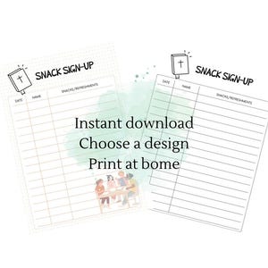 May include: Printable sign-up sheet with a cross and the text "Snack Sign-Up" for snacks and refreshments. The sheet has columns for date, name, and snacks/refreshments.