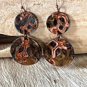 Handmade BoHo, Badass, copper earrings with unique patina