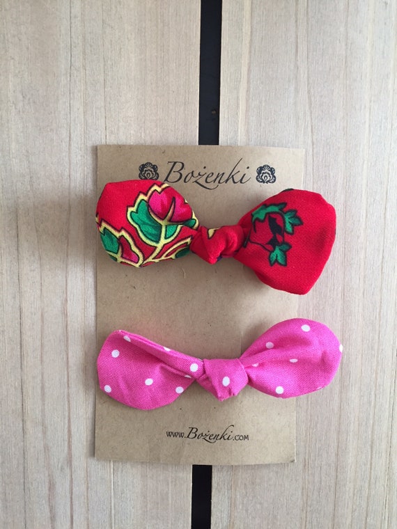 Set of 2 Red Multi Floral with Pink Bow Hair Clips