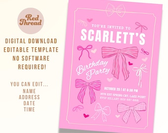 Pink Bow Birthday Invitation: Girly Party Template (Editable Digital Download)
