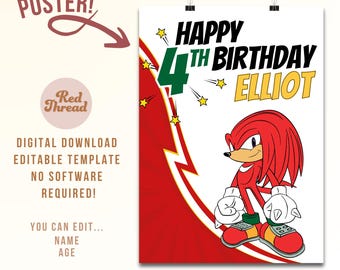 Sonic Birthday Poster: Knuckles, Echidna - SEGA Decoration (Digital Download, A0 Size Canva Template)