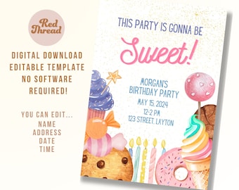 Birthday Invitation with Sweets & Treats | Digital Download | Editable Template | Canva