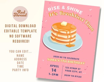Breakfast Birthday Invitation | Digital Download | Editable Template | Canva | Pancakes | Waffles | Brekky | Bday | Brunch |Pink
