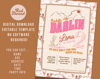 Cowgirl Birthday Party Invitation: Pink Rodeo Theme (Editable Digital Download)