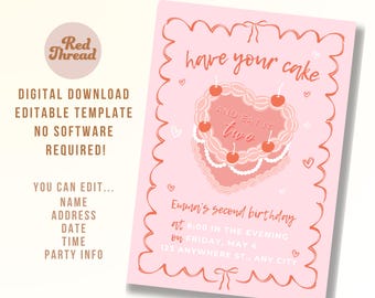 Second Birthday Invitation: Pink Cherry Cake, Editable Canva Template (Digital Download)