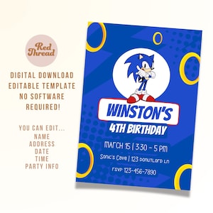 Invito di compleanno di Sonic the Hedgehog / Anelli d'oro / Blu / Cartone animato / Originale / SEGA / Download digitale / Modello modificabile / Canva