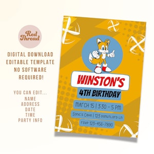 Invito di compleanno Tails / Sonic the Hedgehog / / Giallo / Cartone animato / Originale / SEGA / Download digitale / Modello modificabile / Canva