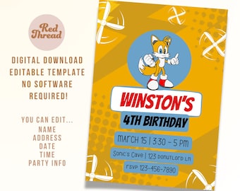 Tails Birthday Invitation | Sonic the Hedgehog | | Yellow | Cartoon | Original | SEGA | Digital Download | Editable Template | Canva