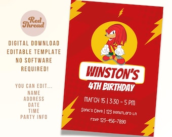 Knuckles Birthday Invitation: Sonic Cartoon Theme (Digital Download)
