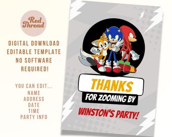 Sega Sonic Birthday Thank You Card: Editable Template (Digital Download)