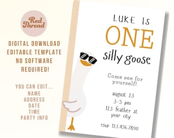Silly Goose 1st Birthday Invitation: Editable Canva Template (Digital Download)