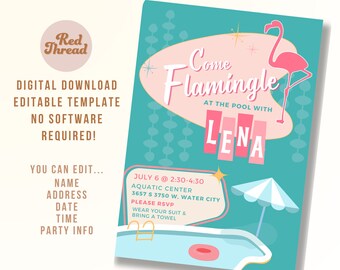 Flamingo Pool Party Invitation: Editable Tropical Birthday Template (Digital Download)