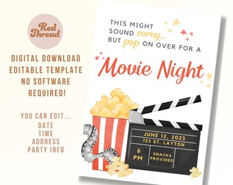 Movie Night Invitation | Digital Download | Editable Template | Canva | Popcorn | Film | Party | Snacks |