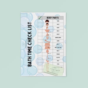 May include: A colorful bath time checklist with a bubble design. The checklist includes body parts such as hair, face, ears, neck, chest, arms, belly button, back, thighs, calves, feet, and toes. The words "Bath Time Check List" are at the top.