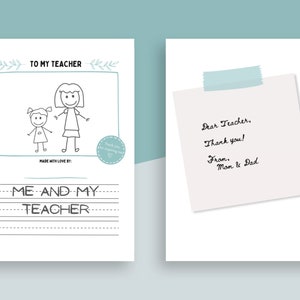 Puede incluir: Juego de tarjetas de dos páginas para profesores. La página izquierda tiene un dibujo de un profesor y un estudiante con el texto "PARA MI PROFESOR" y "YO Y MI PROFESOR". La página derecha tiene una nota que dice "¡Querido profesor, gracias! De mamá y papá".