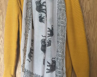 Animal themed scarf,Elephant Print Cotton Scarf,Animal print gift,white scarf,fashion student scarf,gift for animal lovers,Valentines gift