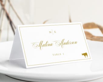 Classic Place Card, Place card template, Gold Place card, Printable Place Card, Name Card, Place Card Wedding With Meal Icons, DIY, Grace