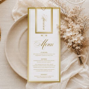 Luxe gouden menukaart en naamkaartjes voor een bruiloft | Bewerkbare menukaart | Elegante metallic gouden trouwkaarten, Grace