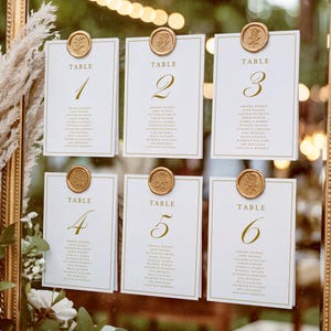 May include: A gold framed mirror displays six white table cards with gold lettering and numbers 1-6. Each card is sealed with a gold wax stamp. The mirror is surrounded by floral arrangements, creating an elegant wedding or event theme.