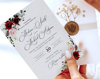 Burgundy Floral Wedding Suite | Rustic & Elegant Invitation Template | Printable Fall Wedding Design | DIY | Erica