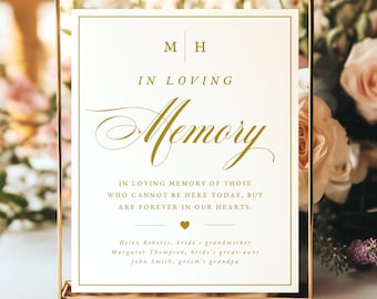 Op de afbeelding: Een rechthoekig herdenkingsbord in een gouden metalen frame met gouden tekst op een witte achtergrond. De tekst luidt M H, IN LOVING MEMORY, IN LOVING MEMORY OF THOSE WHO CANNOT BE HERE TODAY, BUT ARE FOREVER IN OUR HEARTS, en drie namen.