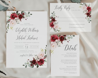 Burgundy Wedding Invitation Suite, Floral Wedding Invitation, Wedding Invitation Set, Wedding Invitation Template, DIY Wedding Invite, Erica