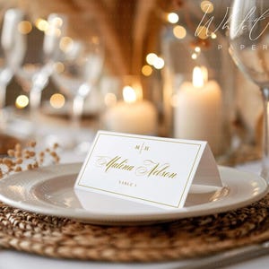 Op de afbeelding: Een witte gevouwen naamkaartje met goudfolie belettering met de naam Malina Nelson, de initialen M H en de tekst TABLE 2. Het kaartje staat in het midden op een wit bord dat op een rond gevlochten placemat rust met een wazige achtergrond.