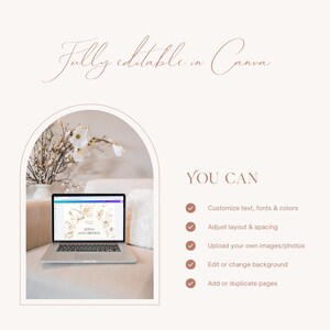 Op de afbeelding: Een digitale sjabloonweergave met een laptop die een bloemrijk verjaardagsuitnodigingsontwerp toont. De tekst bevat Fully editable in Canva, YOU CAN, Customize text, fonts & colors, Adjust layout & spacing, Upload your own images/photos, Edit or change background, Add or duplicate pages.