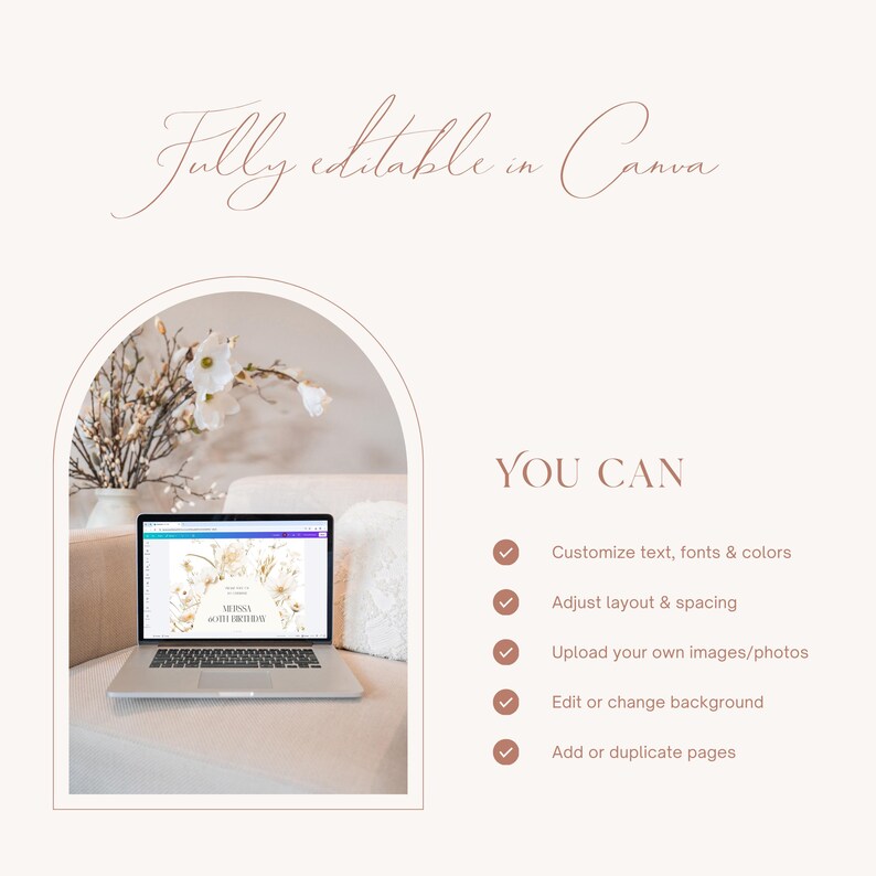 Op de afbeelding: Een digitale sjabloonweergave met een laptop die een bloemrijk verjaardagsuitnodigingsontwerp toont. De tekst bevat Fully editable in Canva, YOU CAN, Customize text, fonts & colors, Adjust layout & spacing, Upload your own images/photos, Edit or change background, Add or duplicate pages.