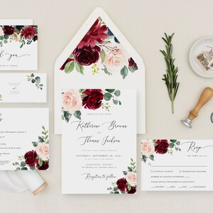 Floral Wedding Invitation Set, Burgundy Wedding Invitation, Wedding Invitation Suite, Wedding Invitation Template Download, Chloe image 2