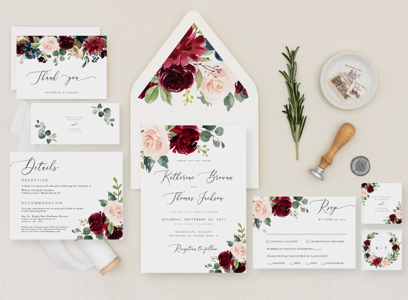 Floral Wedding Invitation Set, Burgundy Wedding Invitation, Wedding Invitation Suite, Wedding Invitation Template Download, Chloe image 2