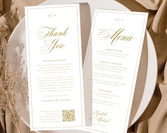 Classic Thank You Menu, Menu Thank You card, Wedding Menu Template, Thank You Template, Gold Wedding Menu, Thank You Note, DIY, Grace